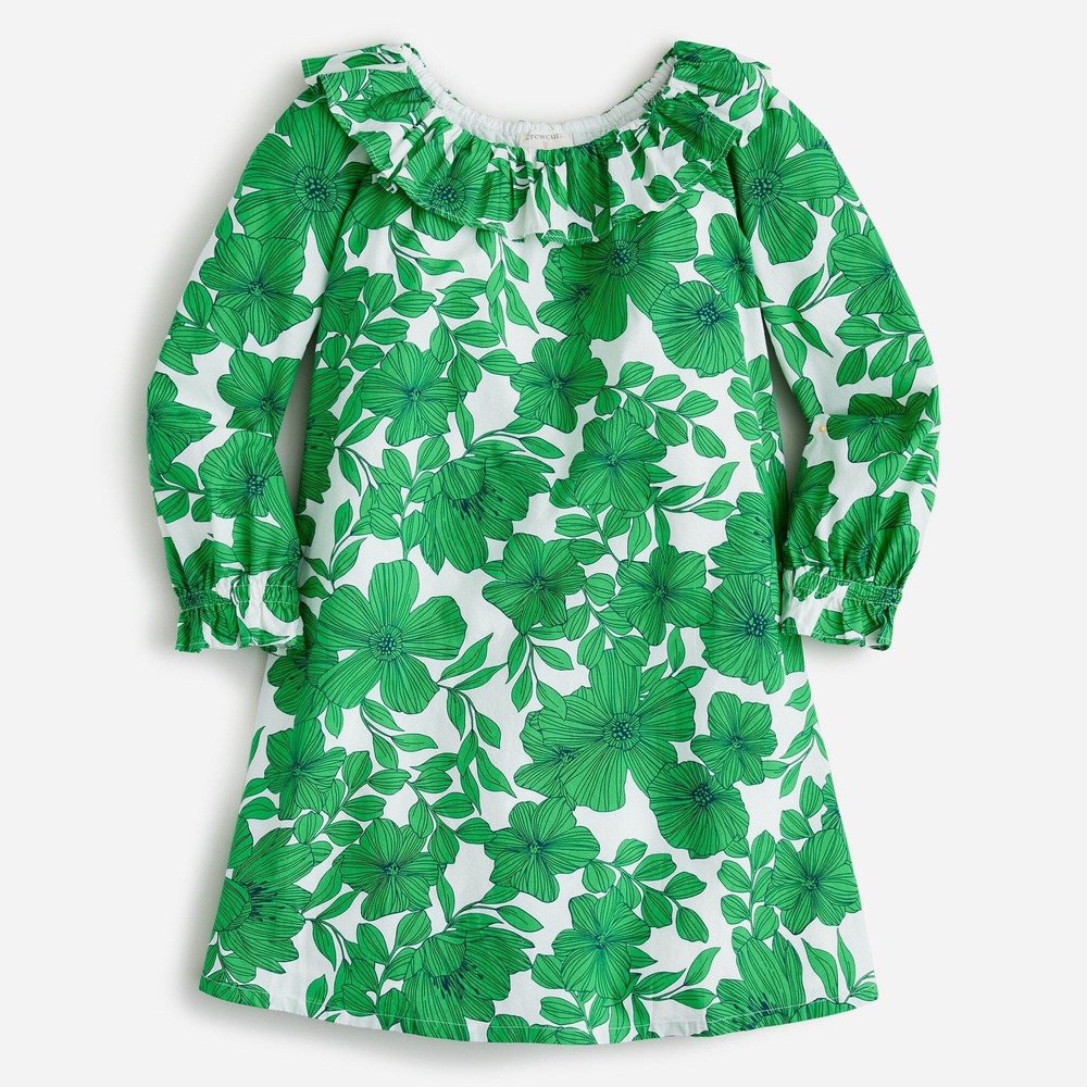 NEW Crewcuts Ruffle Collar Floral Long Sleeve Dress Girls‎ Size 12 Green BT640